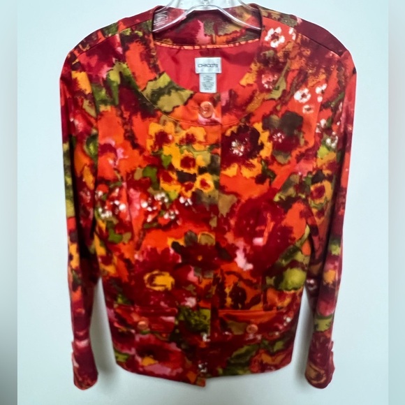 CHICO’S FALL  COLORS JACKET OF REDS, GREENS, GOLD AND WHITE. SIZE 0 - Picture 1 of 10